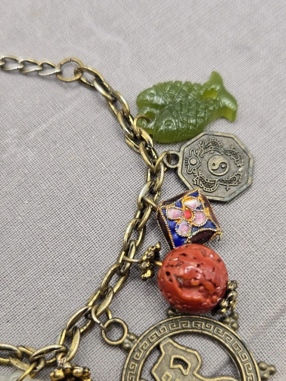 Vintage Green Brown Fairy Chinese charm bracelet 8" Chinoiserie Fish Cloisonne - Picture 2 of 10